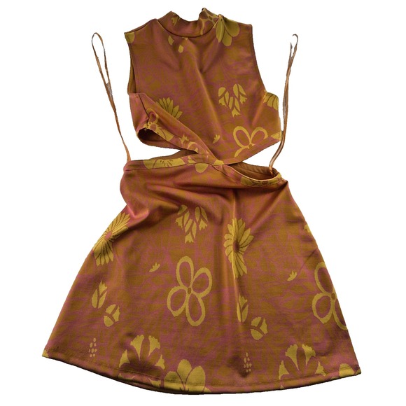 Zara Dress Womens S Orange Pink Floral 70s Boho Cutout Waist Mini Retro Vibes - Picture 12 of 15